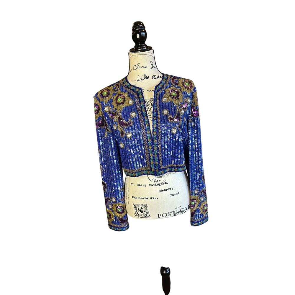 vintage 80s AJ Bari silk sequin beaded bolero flaw